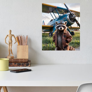 Racoon Pilot Aeroplane Funny Wildlife Animal Poster