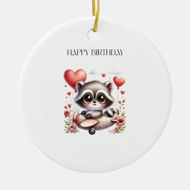 Racoon Pilot Birthday Ceramic Tree Decoration (Front)