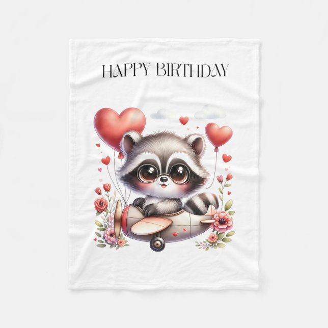 Racoon Pilot Birthday Fleece Blanket (Front)