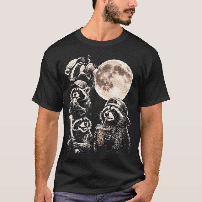 Racoon Playing Baseball Howling A Moon Funny T-Shirt (Front)