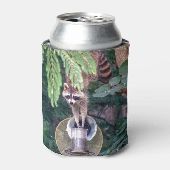 Racoon Raiding the Bird Feeder Can Cooler (Can Front)