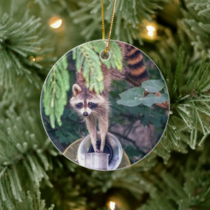 Racoon Raiding the Bird Feeder Ceramic Tree Decoration