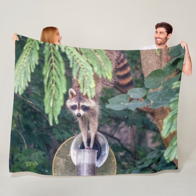 Racoon Raiding the Bird Feeder Fleece Blanket (In Situ)