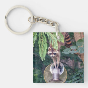Racoon Raiding the Bird Feeder Key Ring