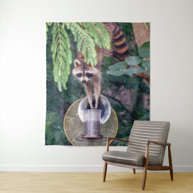 Racoon Raiding the Bird Feeder Tapestry (In Situ)