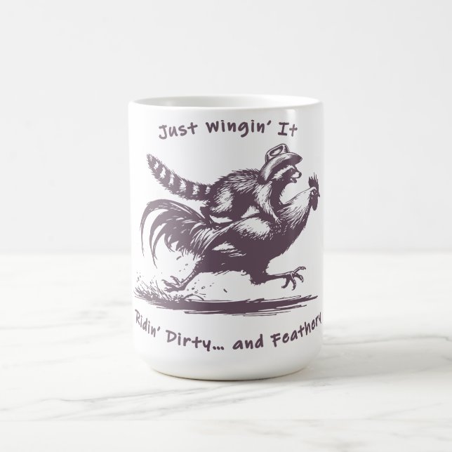 Racoon Riding Rooster – Barnyard Rodeo Cowboy Coffee Mug (Center)