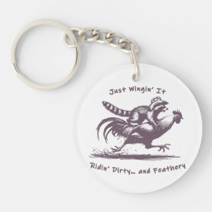 Racoon Riding Rooster – Barnyard Rodeo Cowboy Key Ring