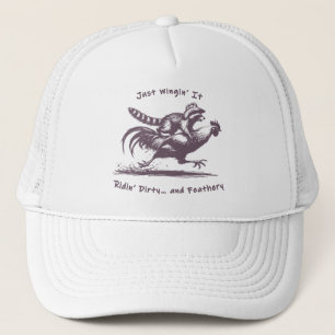 Racoon Riding Rooster – Barnyard Rodeo Cowboy Trucker Hat