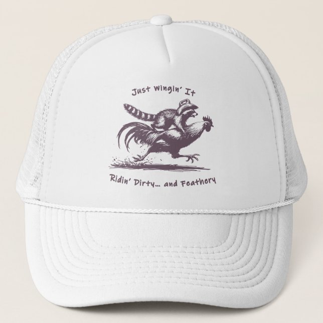 Racoon Riding Rooster – Barnyard Rodeo Cowboy Trucker Hat (Front)