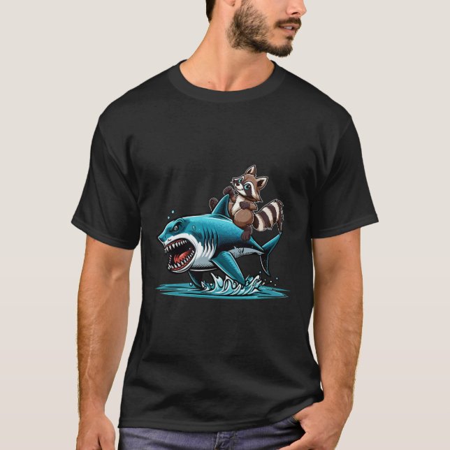 Racoon Riding Shark Costume Sea Animal Lover Kids T-Shirt (Front)