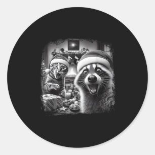 Racoon Santa Funny Cat Taking Selfie Christmas Xma Classic Round Sticker