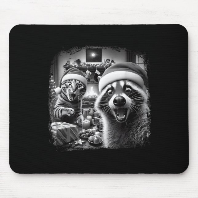 Racoon Santa Funny Cat Taking Selfie Christmas Xma Mouse Mat (Front)