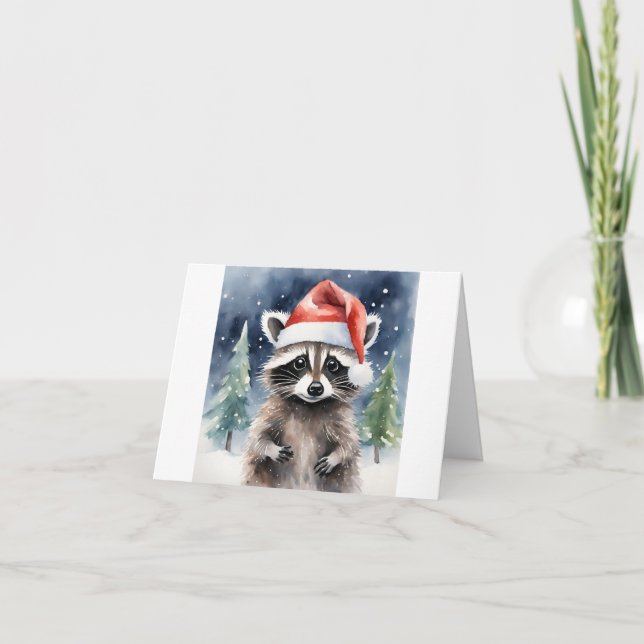Racoon Santa Hat Christmas Card (Front)