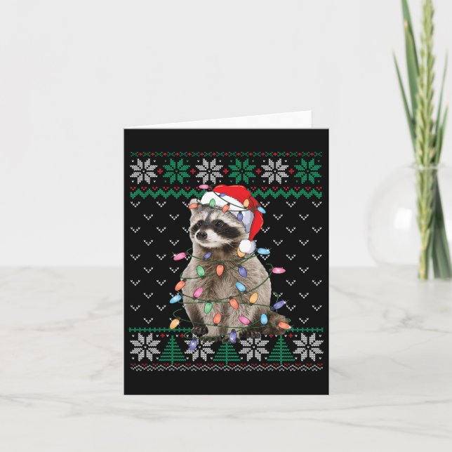 Racoon Santa Hat Christmas Ugly Sweater Animals L Card (Front)