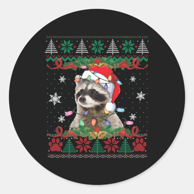 Racoon Santa Hat Christmas Ugly Sweater Animals L Classic Round Sticker (Front)