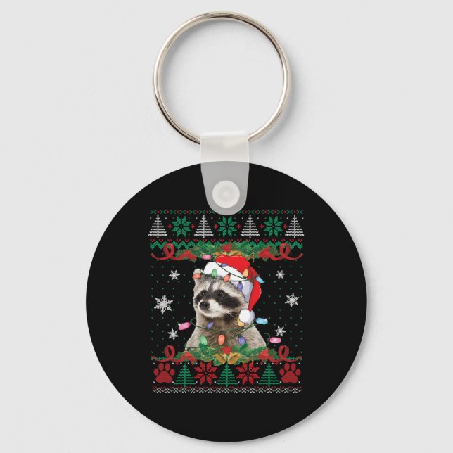 Racoon Santa Hat Christmas Ugly Sweater Animals L Key Ring (Front)