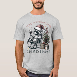 Racoon Santa Hat Drinking Wine Christmas Festive T-Shirt