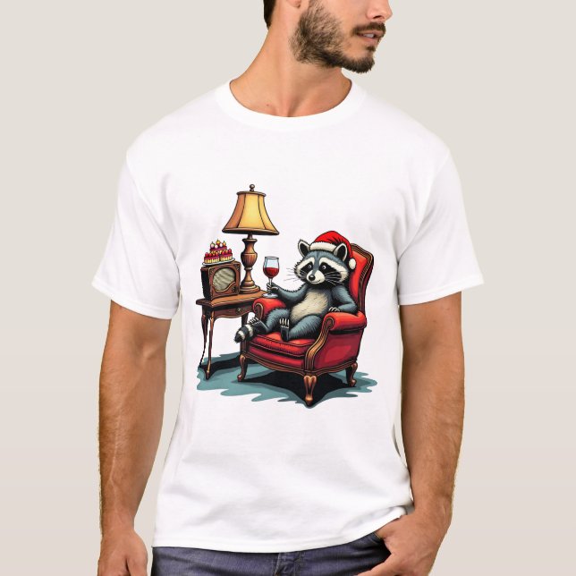 Racoon Sitting in a Chair, Sipping Wine unique Gi T-Shirt (Front)