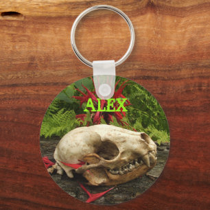 Racoon skull old log with ferns and red Monarda Key Ring