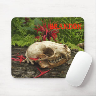 Racoon skull old log with ferns and red Monarda Mouse Mat