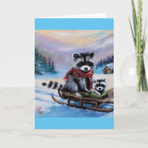 Racoon sledding Winter Scene Blank Greeting Card