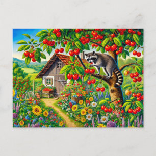 Racoon Snacking on Cherries in Old Cherry Tree Postcard