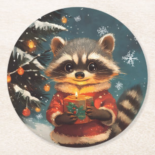 Racoon snow Christmas songs Round Paper Coaster