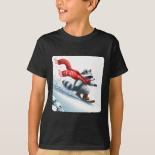 Racoon Snowboarding Down Hill In Red Scarf. Snowb T-Shirt