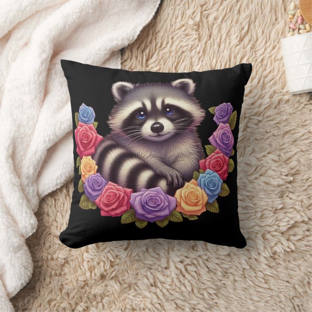 Racoon Surrounded by Vibrant Colourful Roses  Cushion (Blanket)