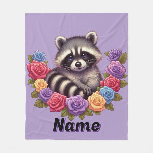 Racoon Surrounded by Vibrant Colourful Roses  Fleece Blanket (Front)