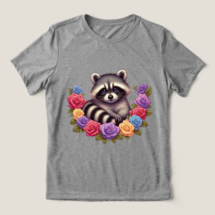 Racoon Surrounded by Vibrant Colourful Roses Tri-Blend Shirt