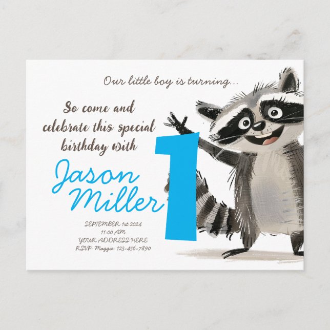Racoon themed birthday party for babe turning 1 invitation postcard (Front)