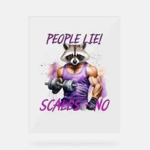 Racoon trainer, athlete, dumbbells acrylic sign