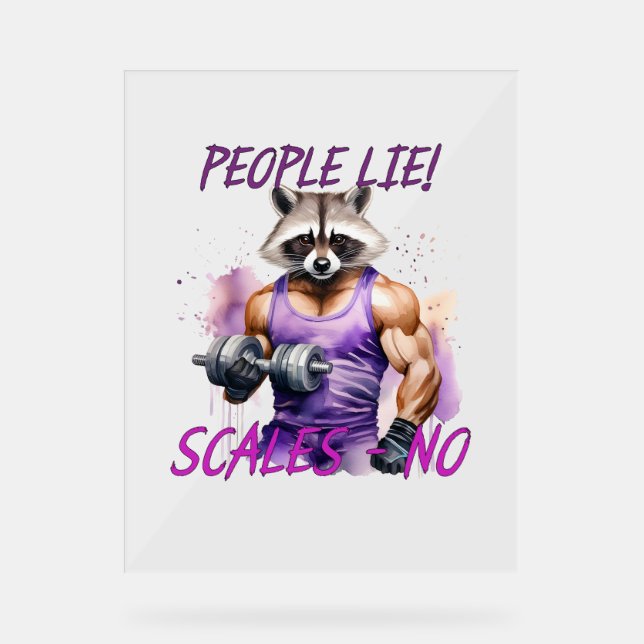 Racoon trainer, athlete, dumbbells acrylic sign (Front)