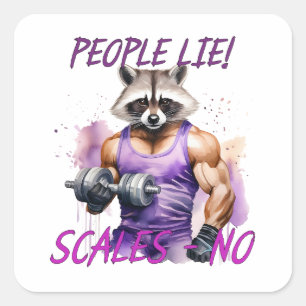 Racoon trainer, athlete, dumbbells square sticker