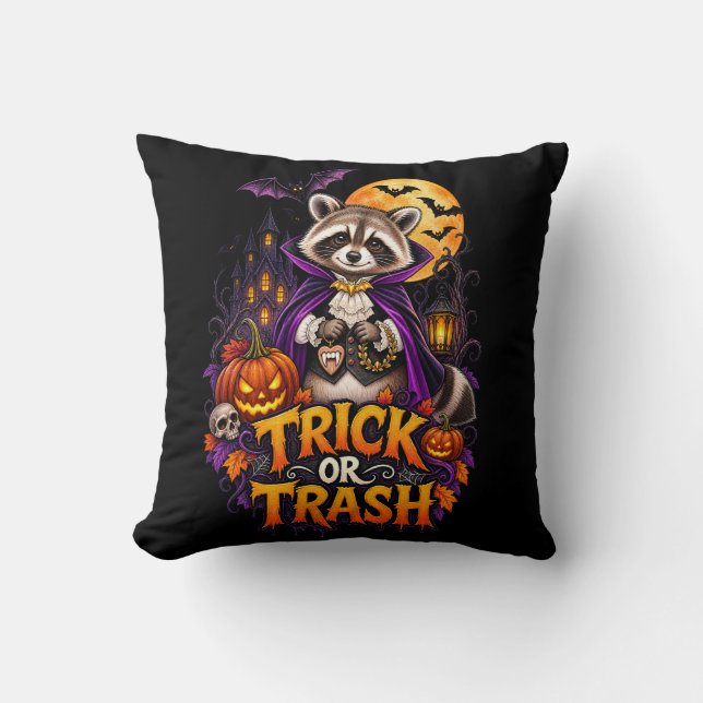 Racoon Trick or Trash Vampire Halloween  Cushion (Front)