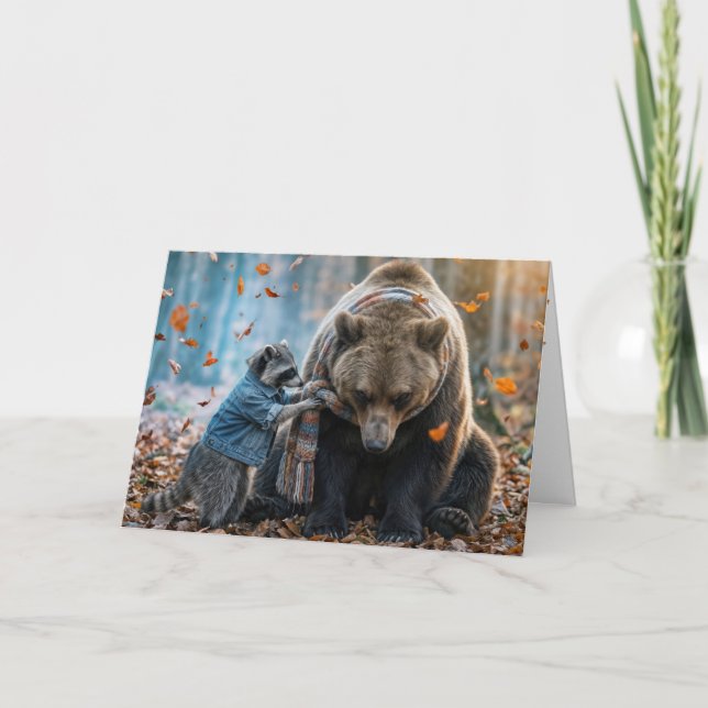Racoon Tying a Scarf On a Bear Card (Front)