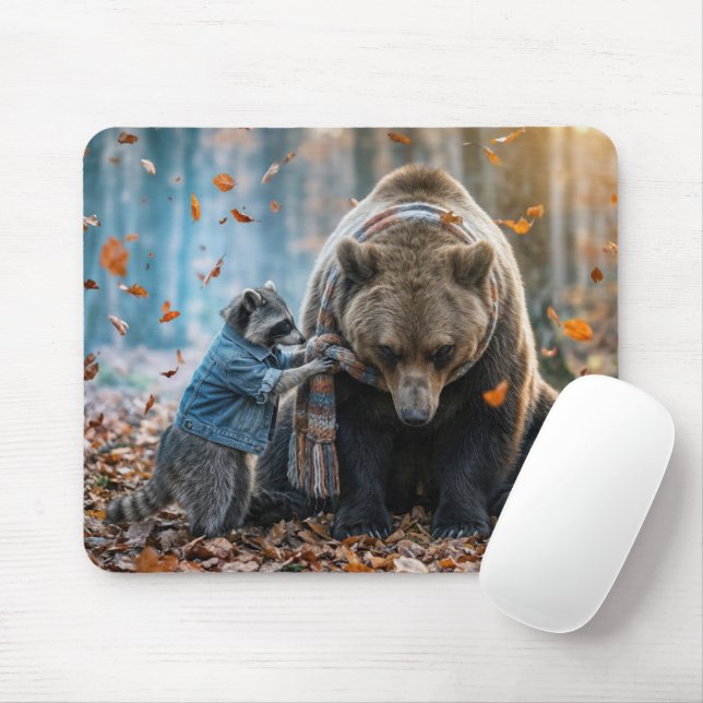 Racoon Tying a Scarf On a Bear Mouse Mat (With Mouse)