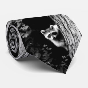 Racoon Up in a Tree Black and White Menswear Tie