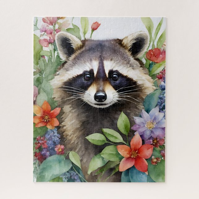 Racoon Watercolor Floral Portrait Jigsaw Puzzle (Vertical)