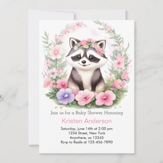Racoon Watercolor Wonderland Girl Baby Shower Invitation (Front)