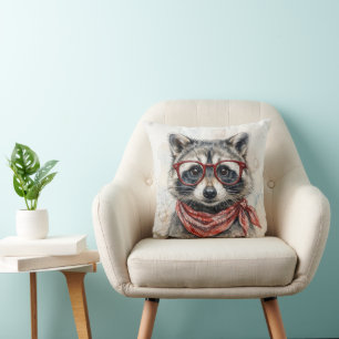 Racoon Wearing Red Glasses and Bandanna Cushion