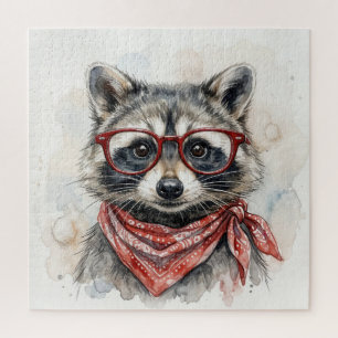 Racoon Wearing Red Glasses and Bandanna Jigsaw Puzzle