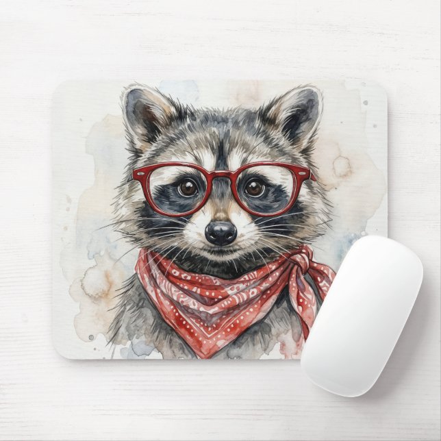 Racoon Wearing Red Glasses Mouse Mat (With Mouse)