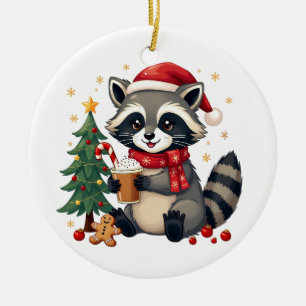Racoon Wearing Santa Hat For Christmas Holiday Ceramic Tree Decoration