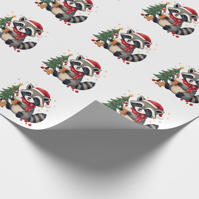 Racoon Wearing Santa Hat For Christmas Holiday  Wrapping Paper (Corner)