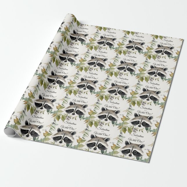 Racoon Wild One Woodland Animal Birthday  Wrapping Paper (Unrolled)
