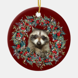 Racoon Wildlife lover Christmas  Xmas wreath red Ceramic Tree Decoration