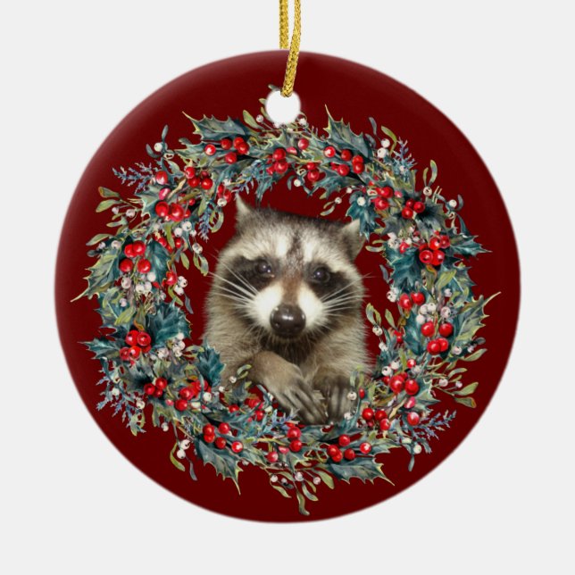 Racoon Wildlife lover Christmas  Xmas wreath red Ceramic Tree Decoration (Front)