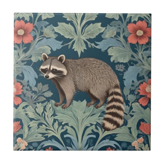 Racoon William Morris style Left Facing Floral Tile (Front)